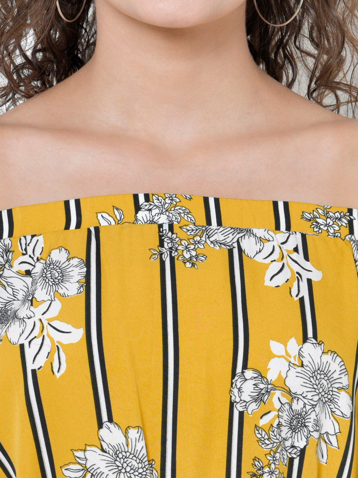 Women Yellow Off Shoulder Stripe Playsuit