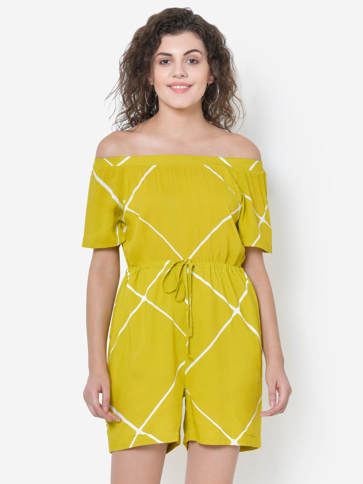 Women Lemon Yellow Off Shoulder Playsuit