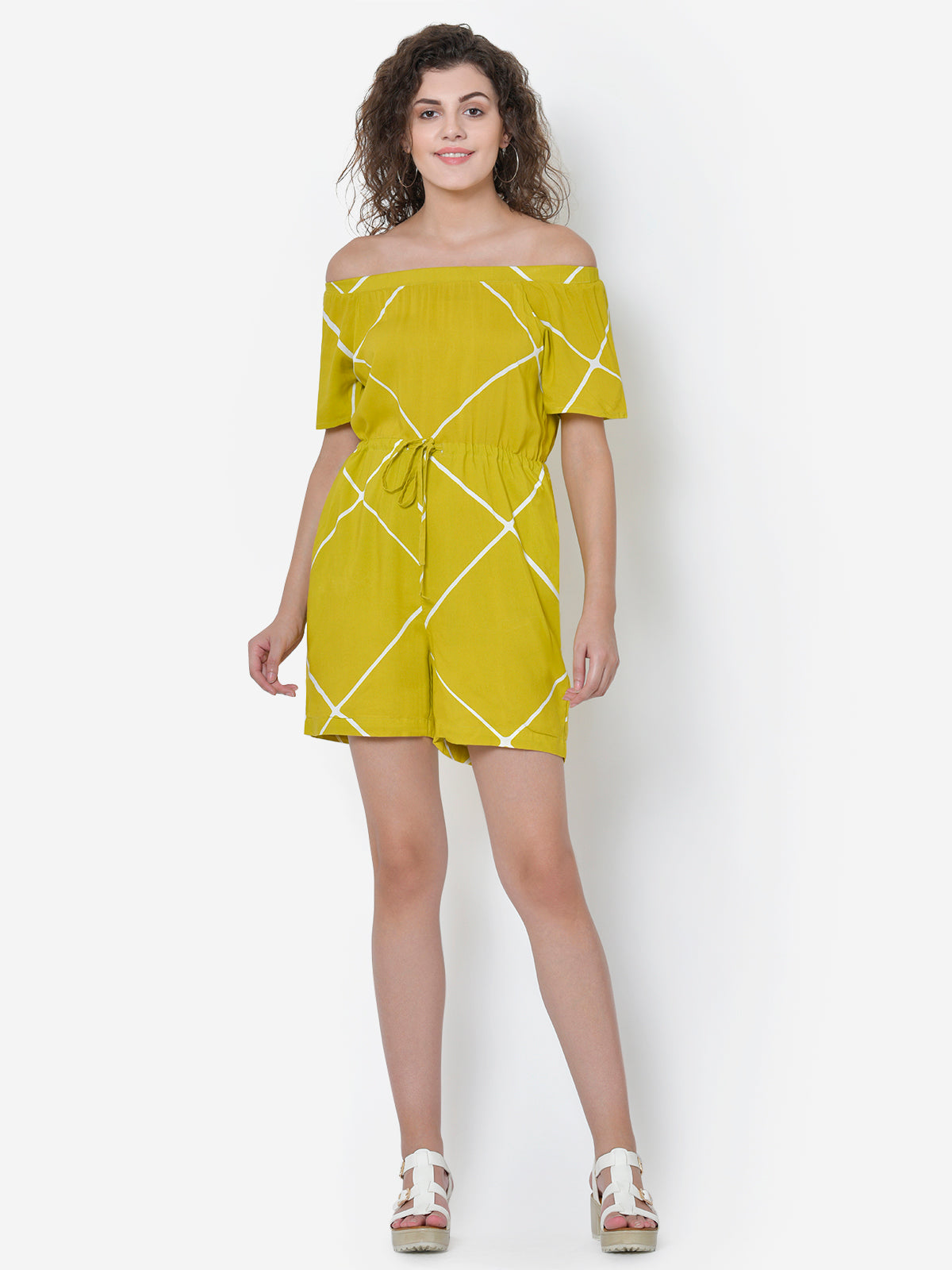 Women Lemon Yellow Off Shoulder Playsuit