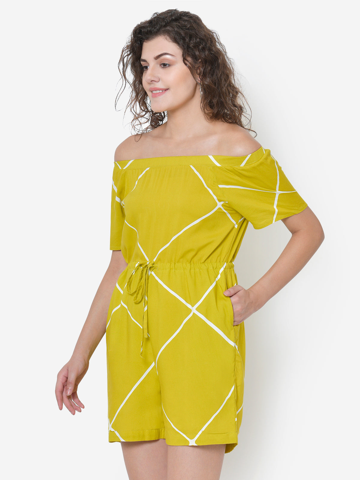 Women Lemon Yellow Off Shoulder Playsuit
