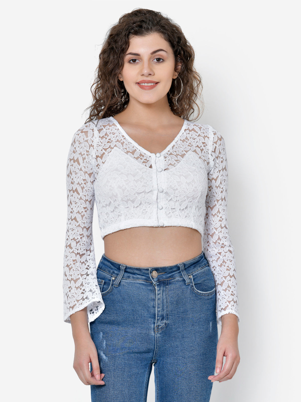 Women White Lace Front Button Crop Top