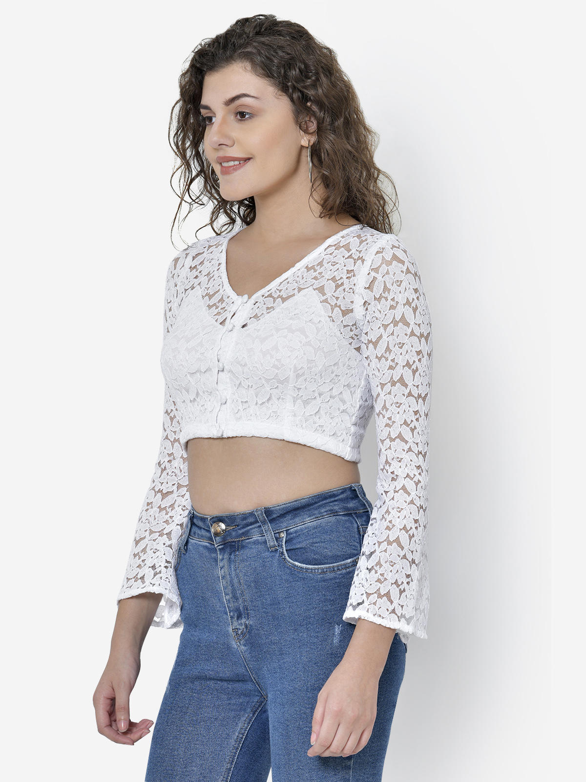Women White Lace Front Button Crop Top