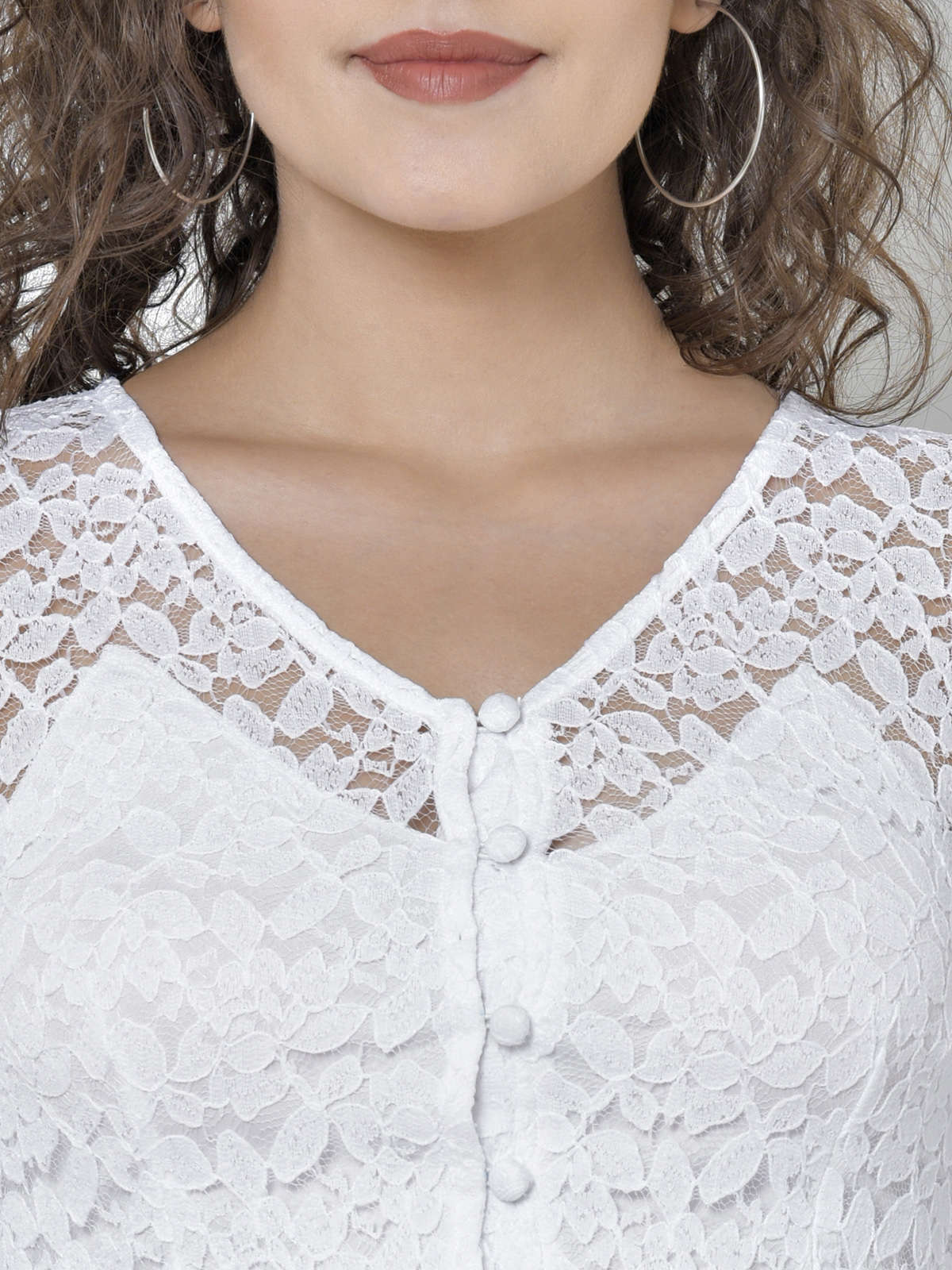 Women White Lace Front Button Crop Top