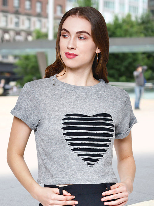 Women Grey Heart Cut-Out Crop Top