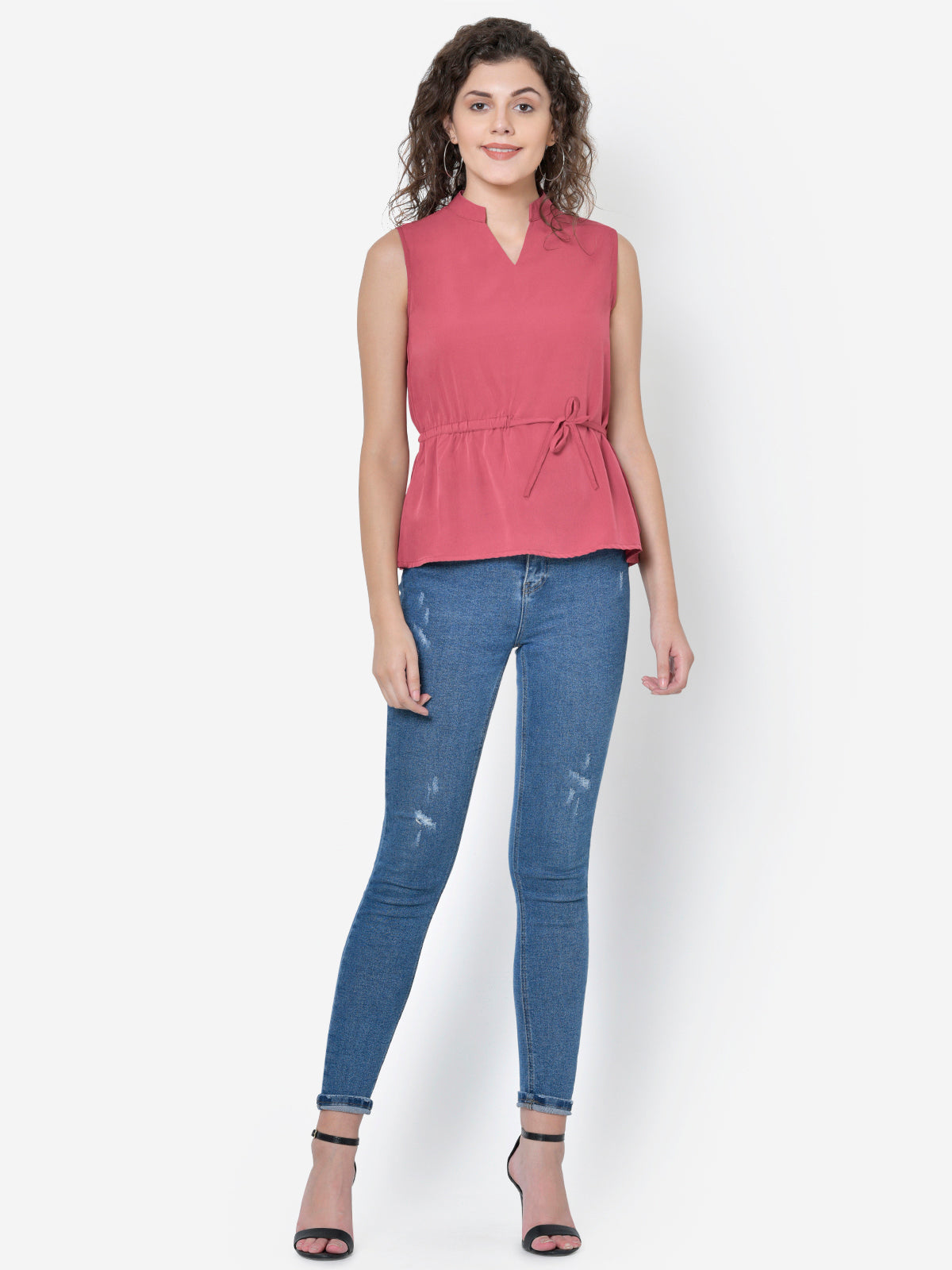 Women Onion Pink Knotting Sleeveless Top
