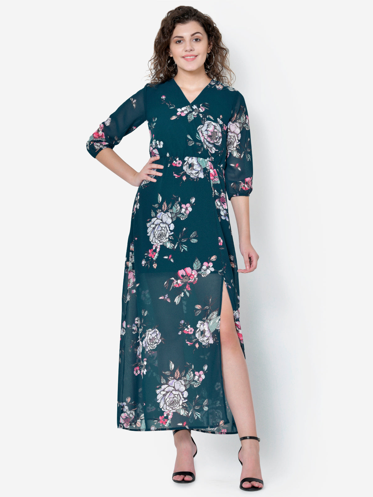 Women Turquoise Floral Front Slit Maxi Dress