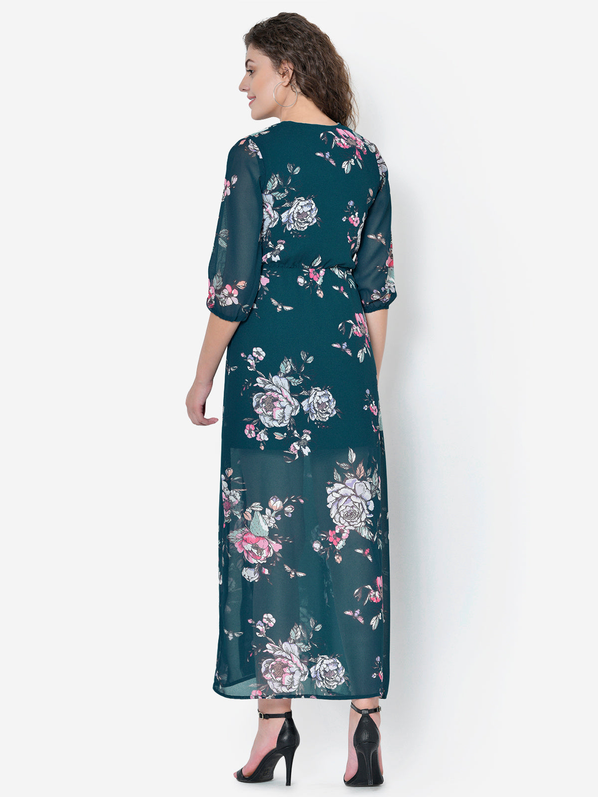Women Turquoise Floral Front Slit Maxi Dress