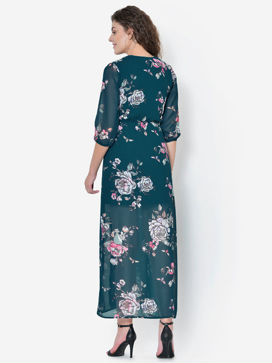 Women Turquoise Floral Front Slit Maxi Dress