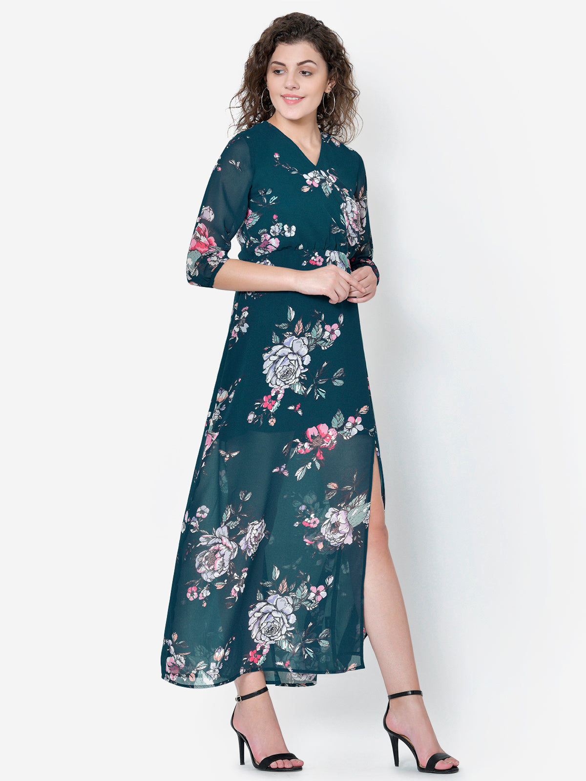 Women Turquoise Floral Front Slit Maxi Dress