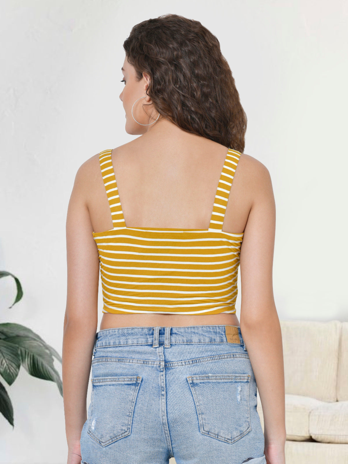 Women Yellow Stripe Buttoned Cami Top