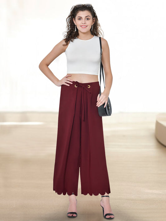 Women Maroon Eyelet Scallop Hem Pant