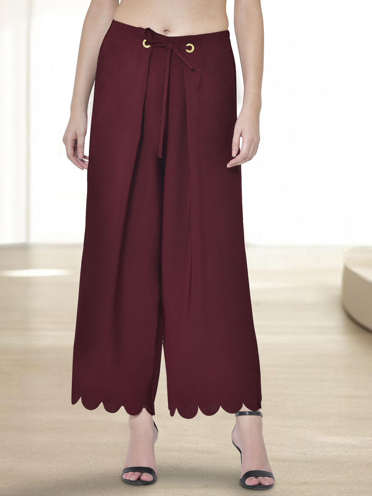 Women Maroon Eyelet Scallop Hem Pant