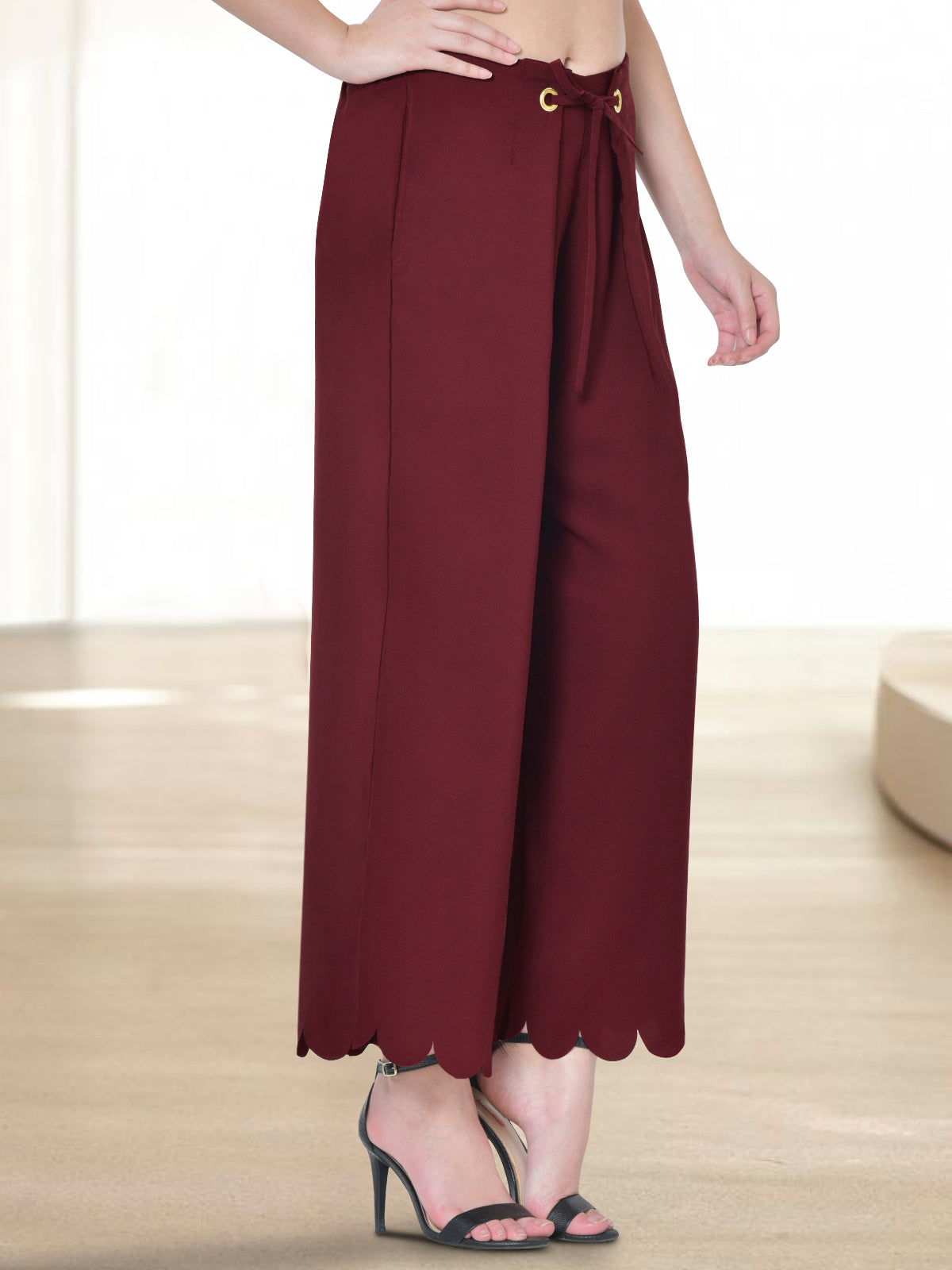 Women Maroon Eyelet Scallop Hem Pant