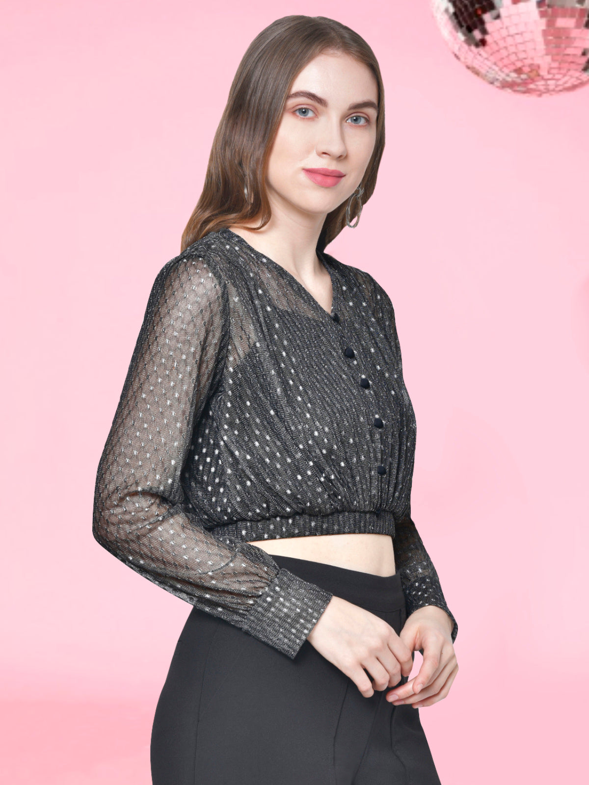 Women Silver Dobby Gathered Crop Top