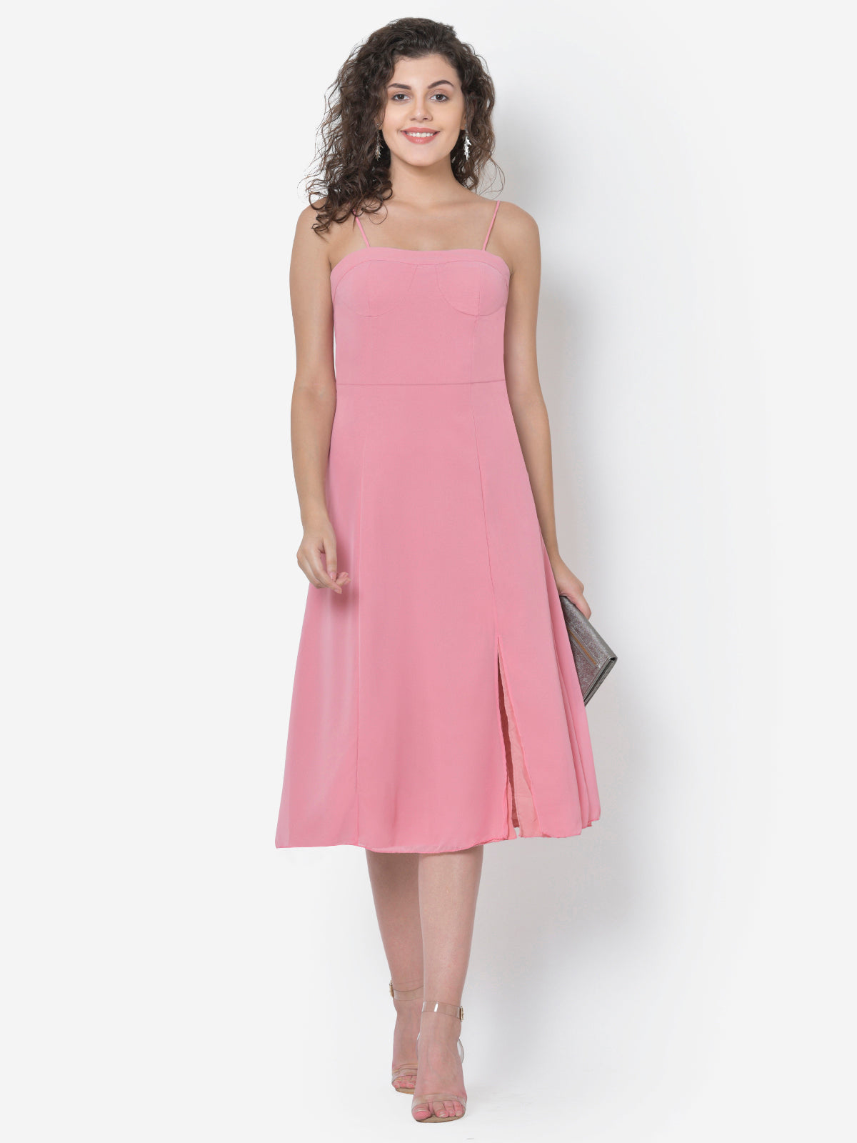 Women Pink Tie-Up Strap Front Slit Dress