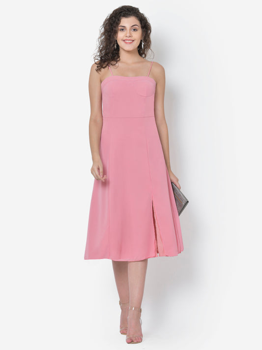 Women Pink Tie-Up Strap Front Slit Dress