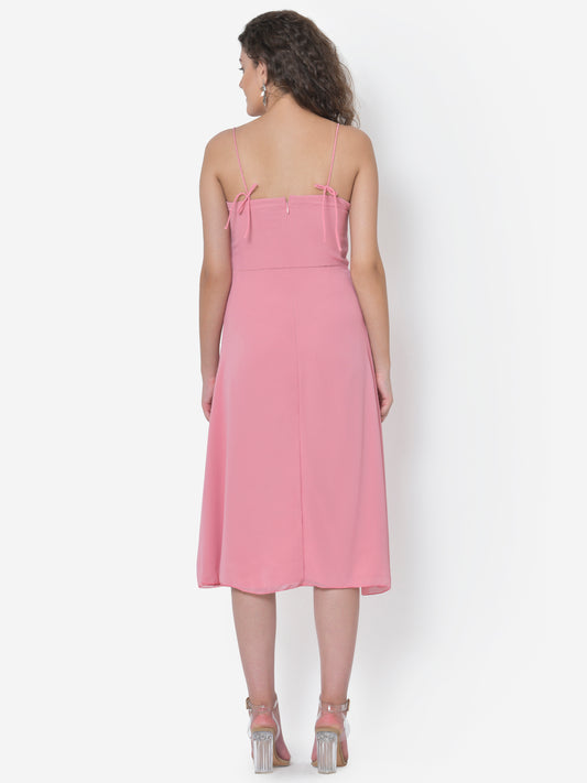Women Pink Tie-Up Strap Front Slit Dress