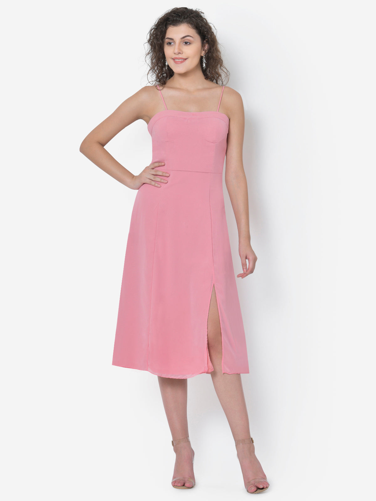 Women Pink Tie-Up Strap Front Slit Dress