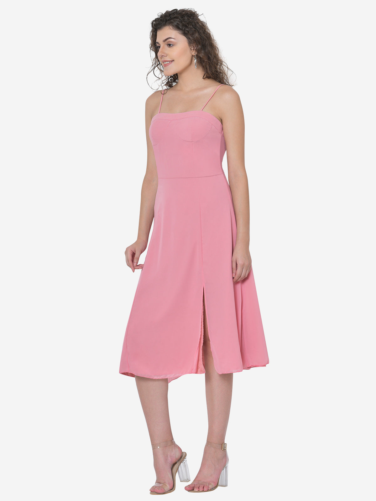 Women Pink Tie-Up Strap Front Slit Dress