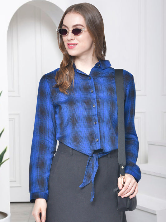 Women Blue Black Check Crop Shirt