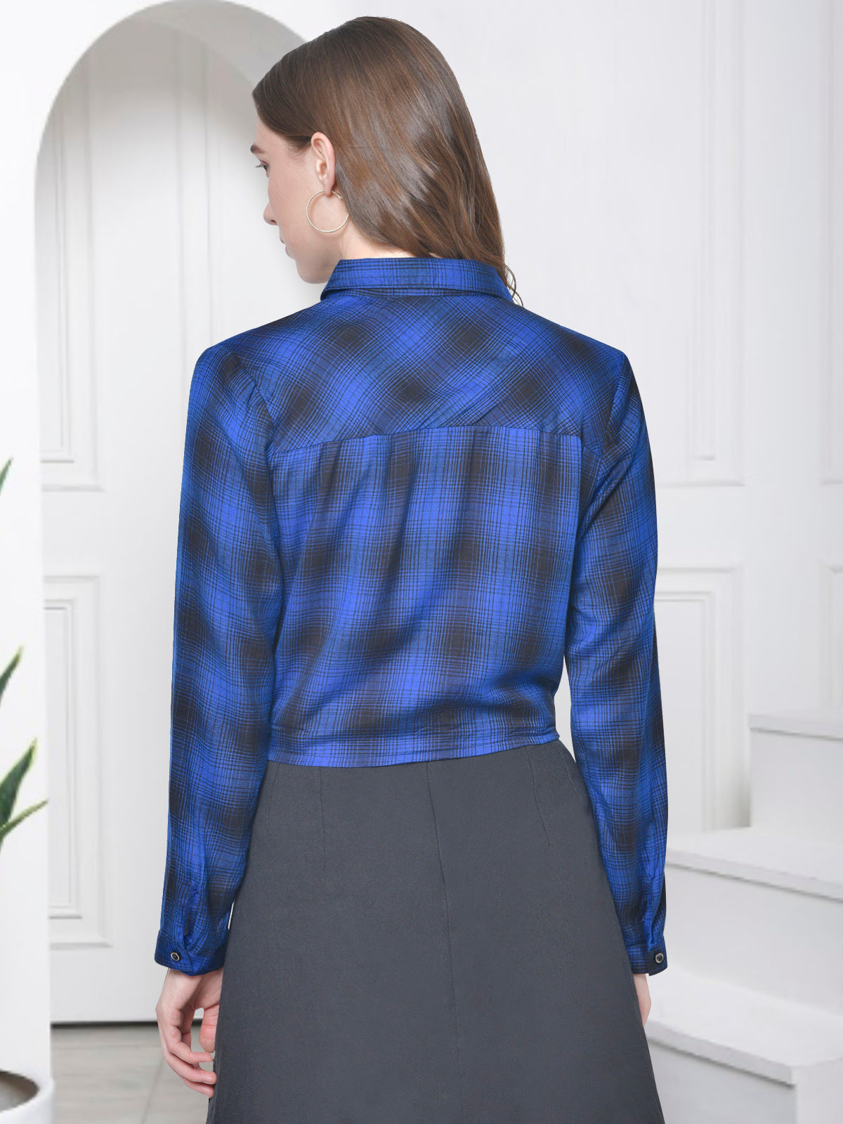 Women Blue Black Check Crop Shirt