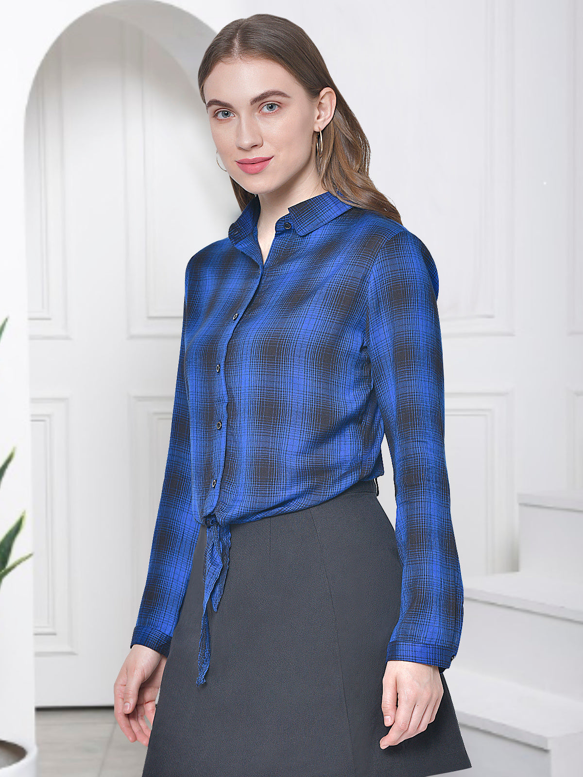 Women Blue Black Check Crop Shirt