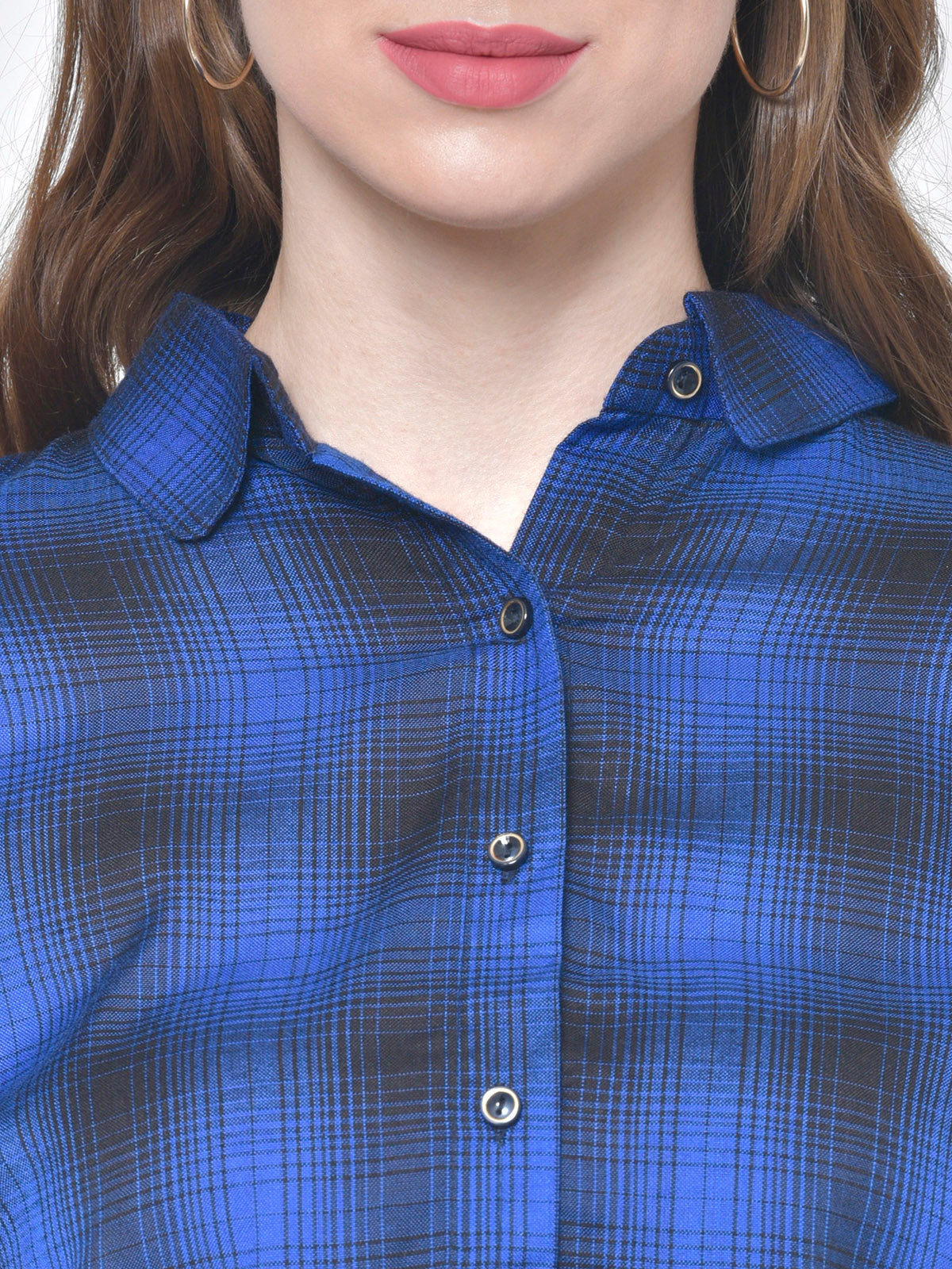 Women Blue Black Check Crop Shirt