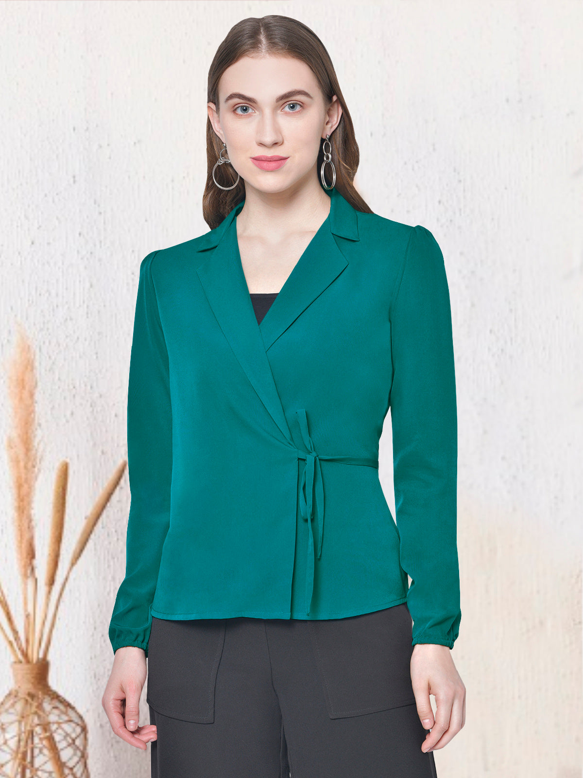 Women Turquoise Green Lapel Top