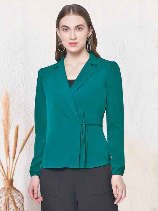Women Turquoise Green Lapel Top
