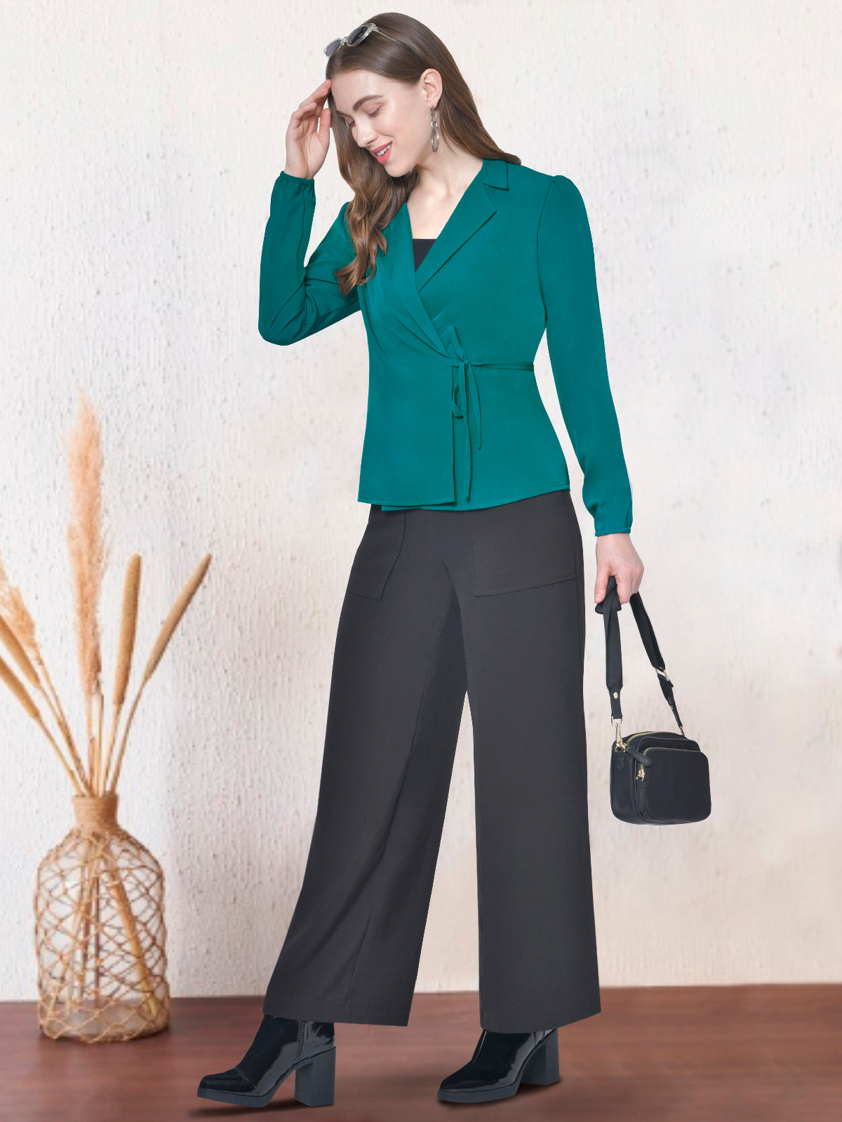 Women Turquoise Green Lapel Top