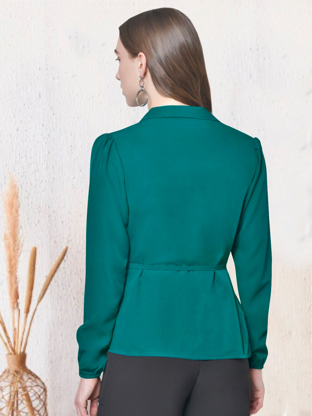 Women Turquoise Green Lapel Top