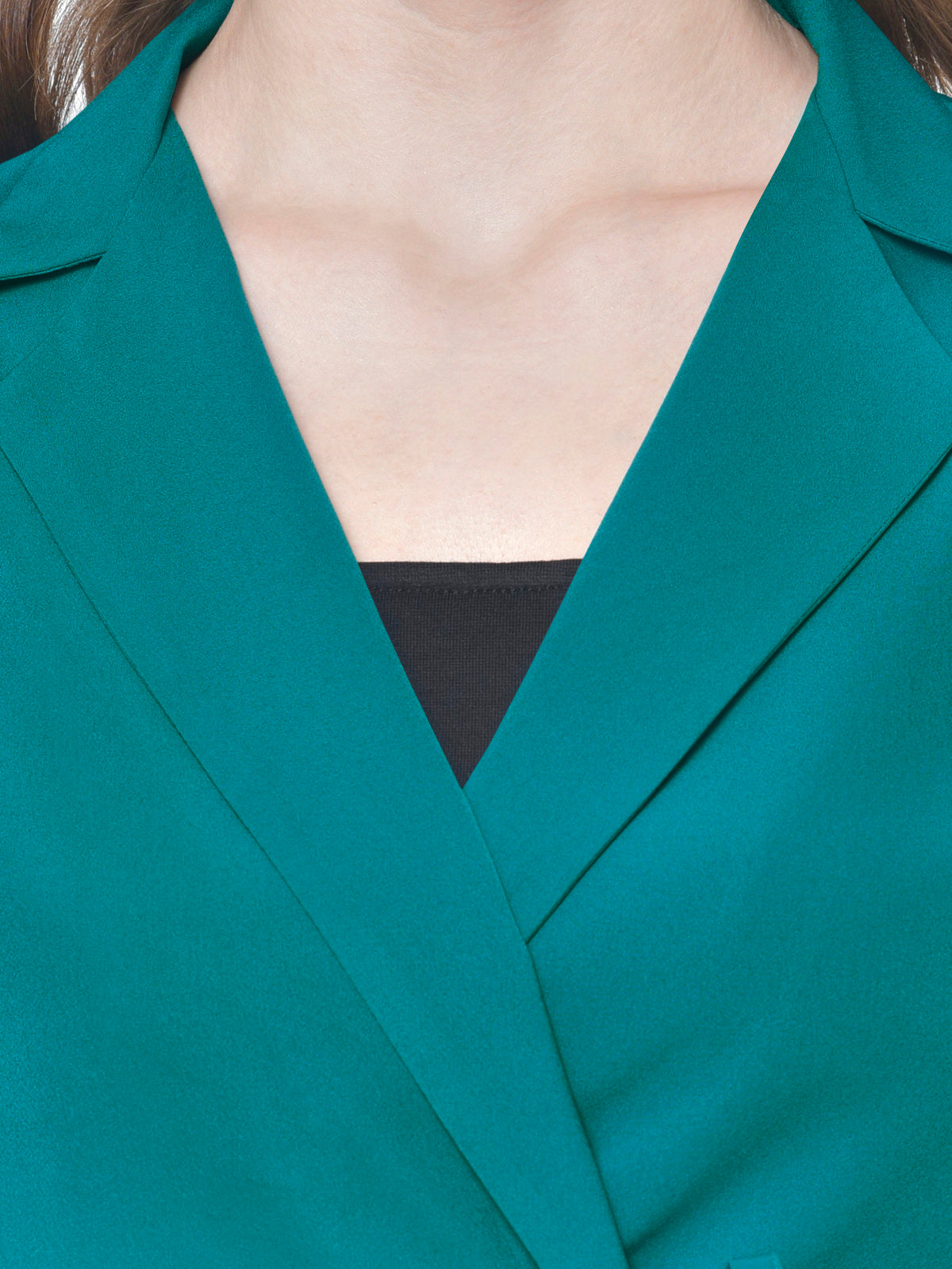 Women Turquoise Green Lapel Top
