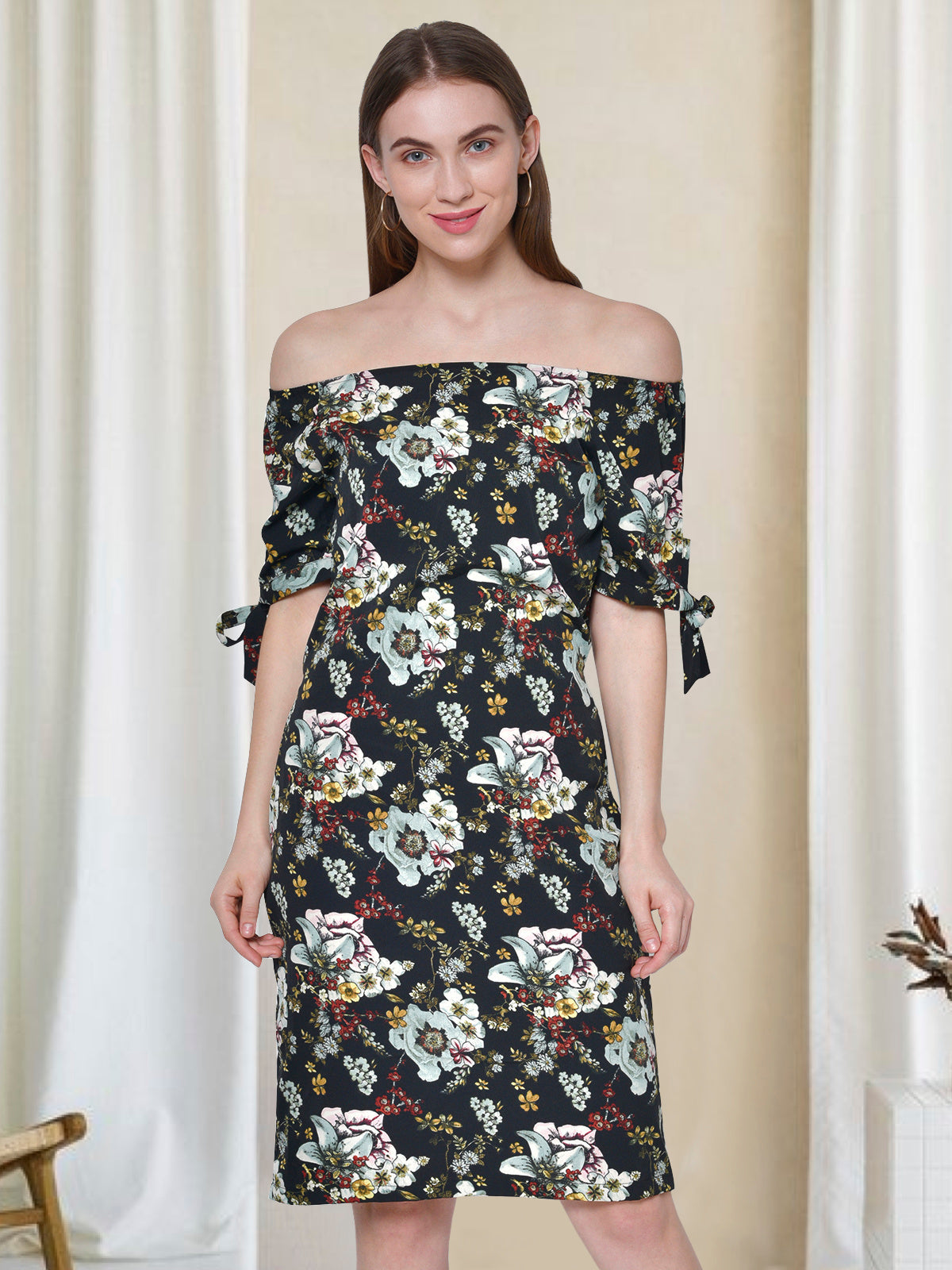Women Black Floral Print Off Shoulder Dress
