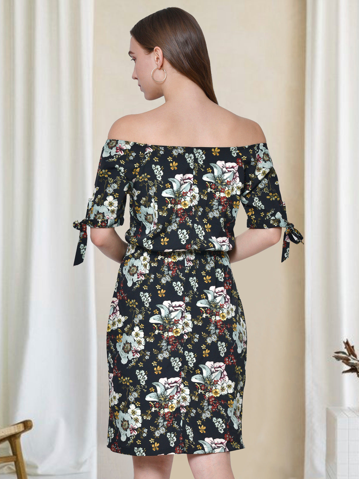 Women Black Floral Print Off Shoulder Dress