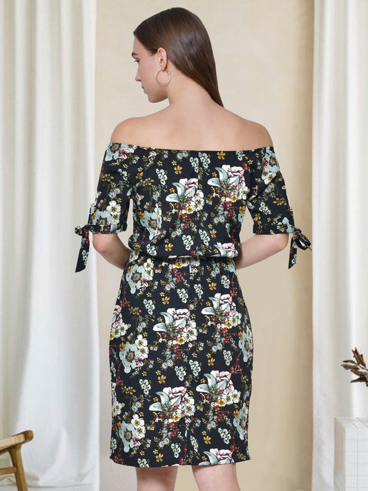 Women Black Floral Print Off Shoulder Dress