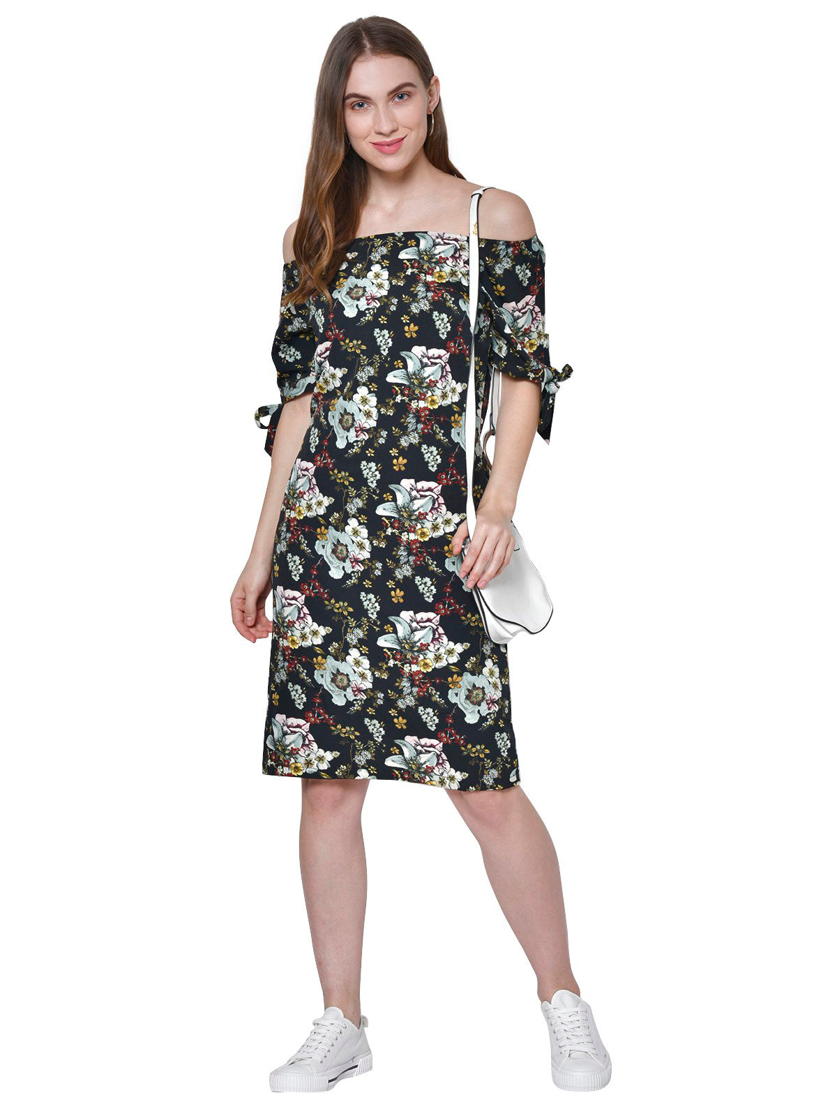 Women Black Floral Print Off Shoulder Dress