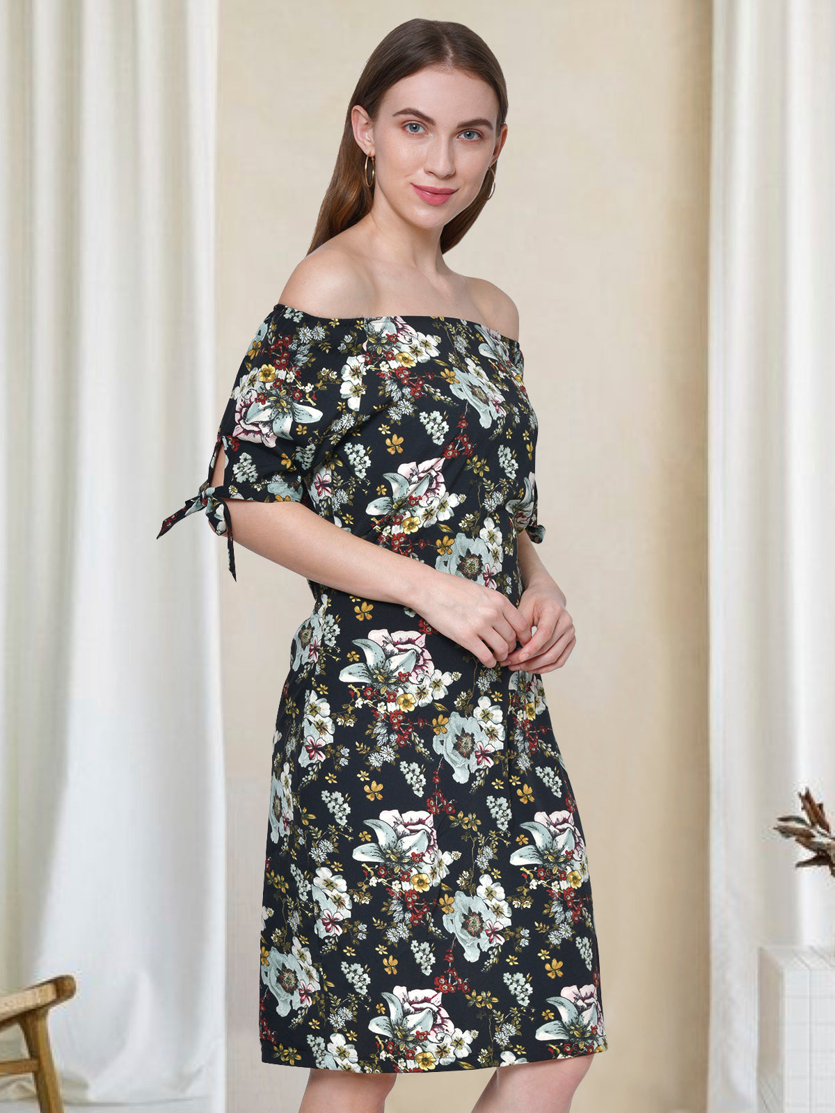 Women Black Floral Print Off Shoulder Dress