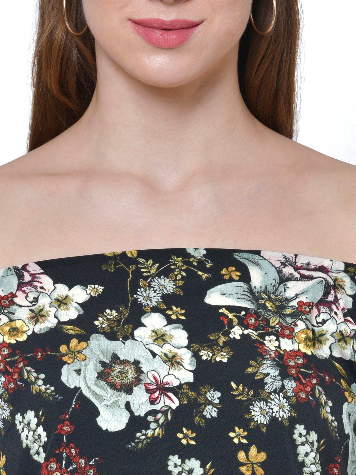 Women Black Floral Print Off Shoulder Dress