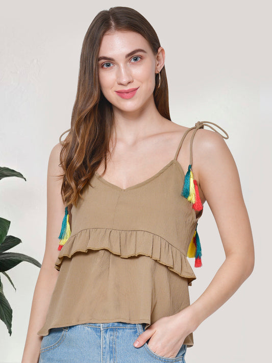 Women Beige Textured Tassel Top