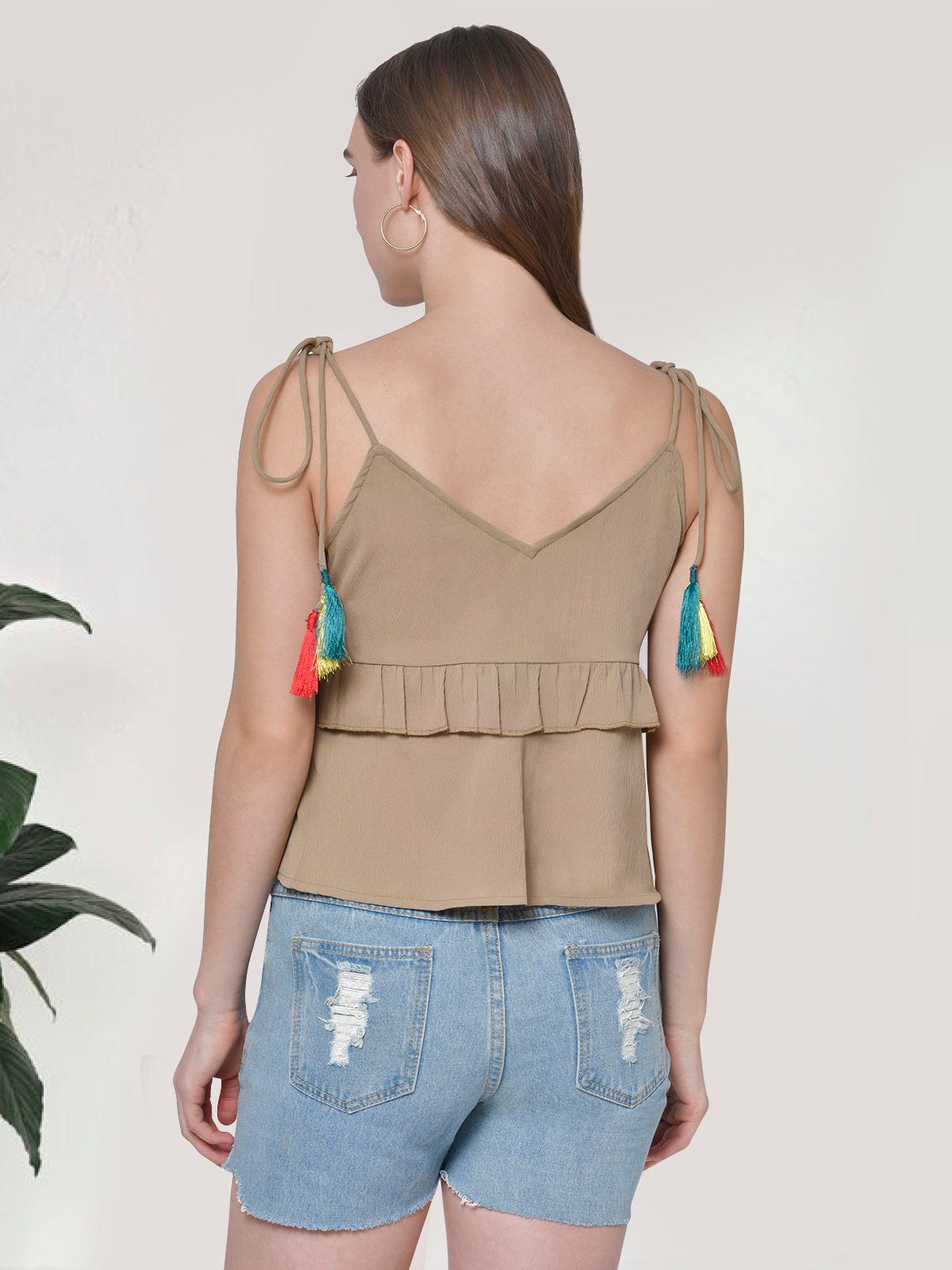 Women Beige Textured Tassel Top