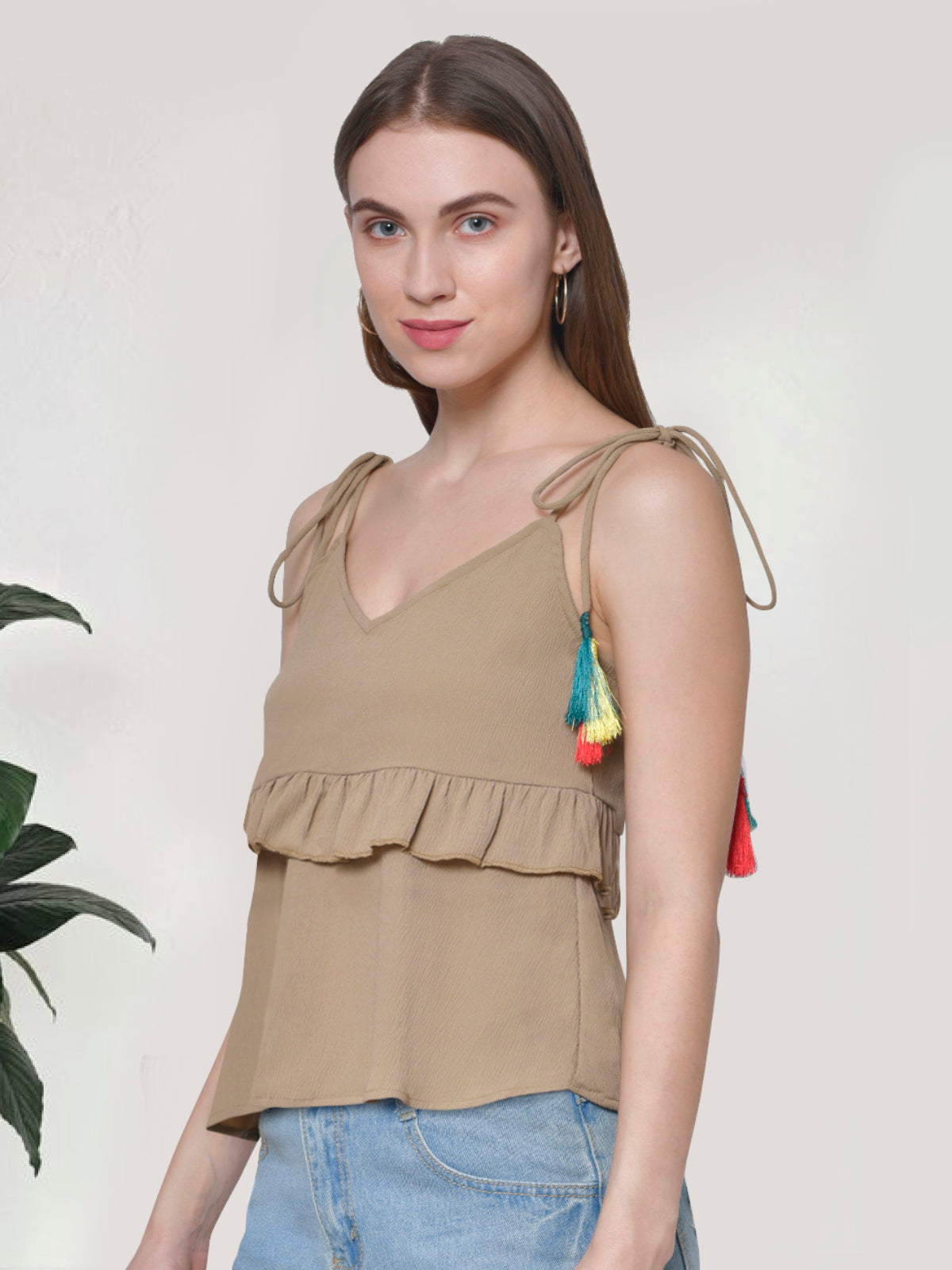 Women Beige Textured Tassel Top