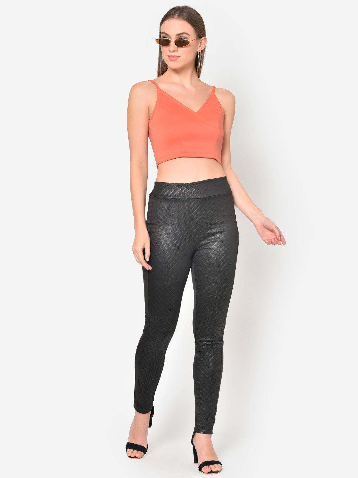 Women Peach Neoprene V Neck Crop Top