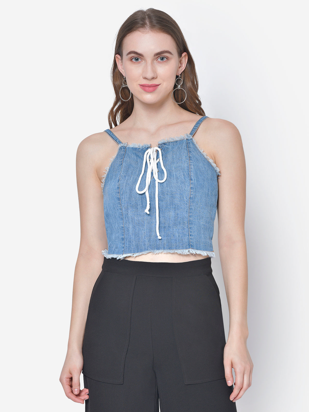 Women Denim Laceup Crop Top