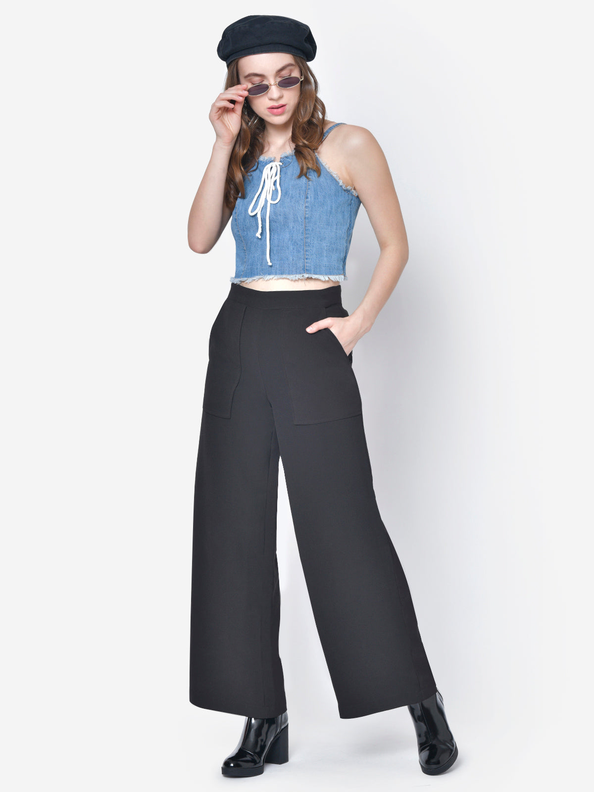Women Denim Laceup Crop Top