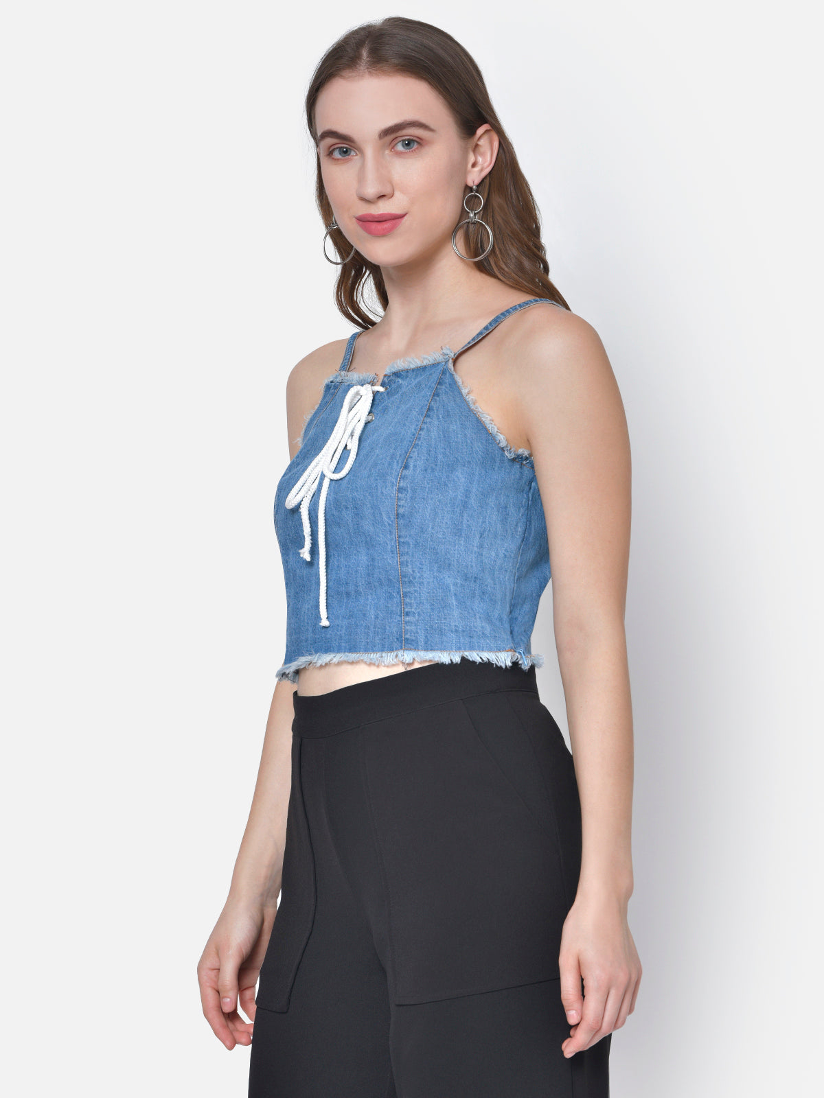 Women Denim Laceup Crop Top