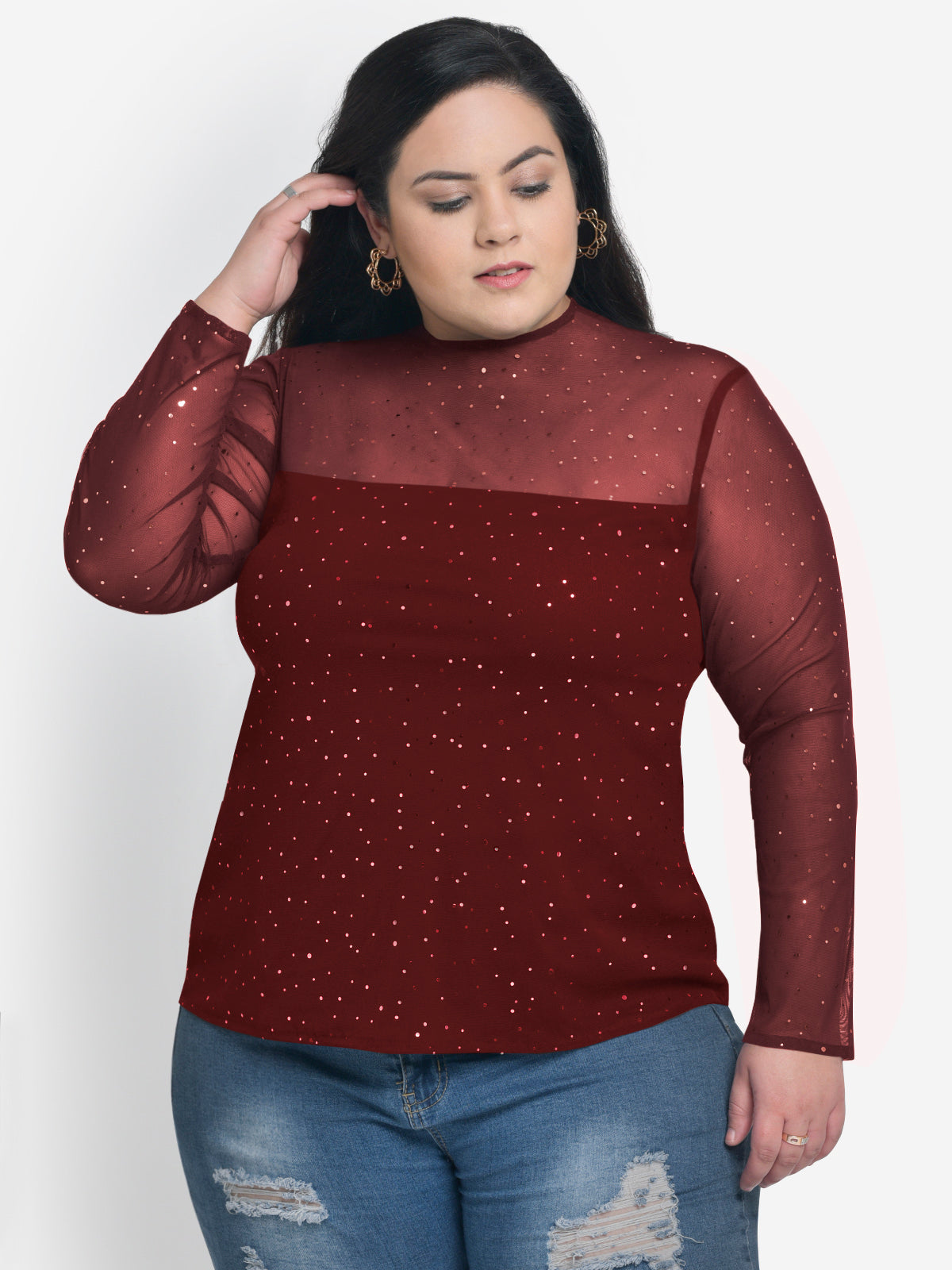 Women Plus Size Maroon Glitter Sheer Top