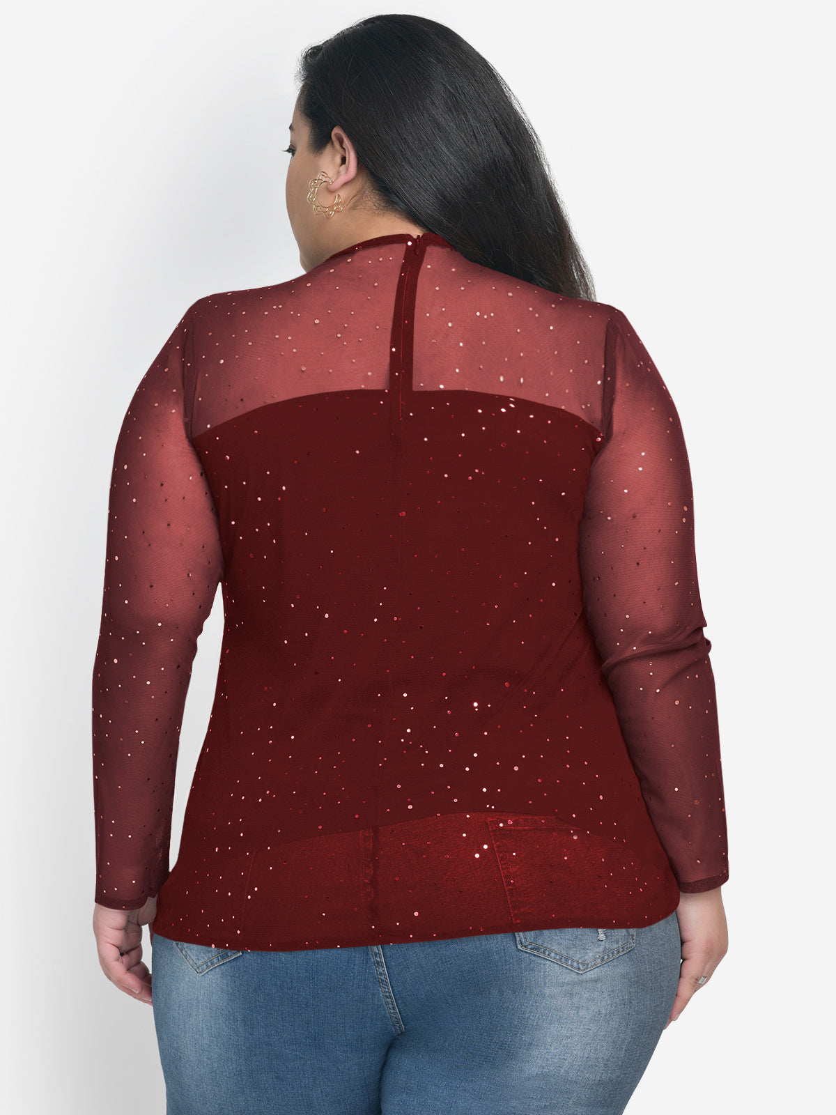 Women Plus Size Maroon Glitter Sheer Top