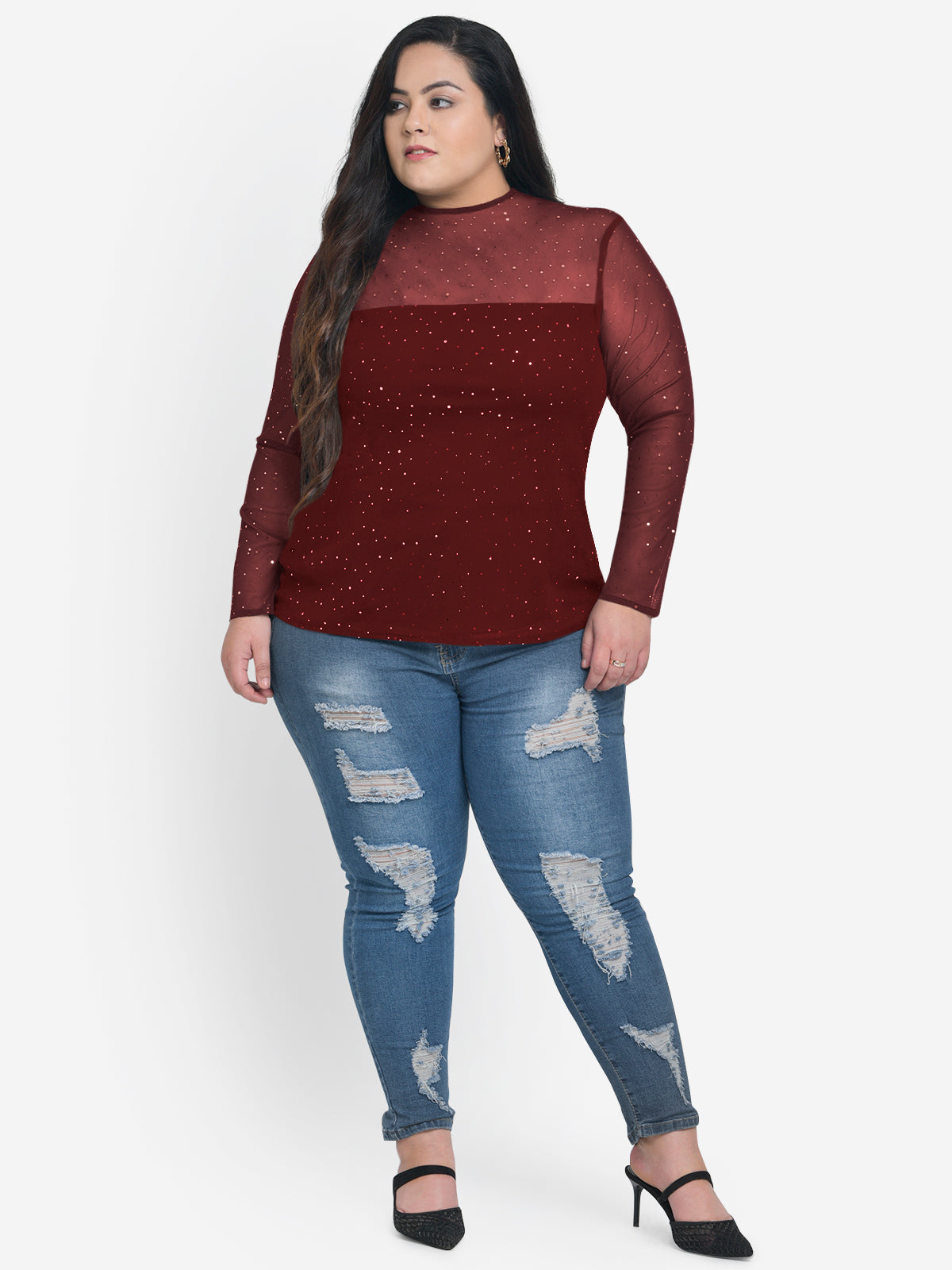 Women Plus Size Maroon Glitter Sheer Top