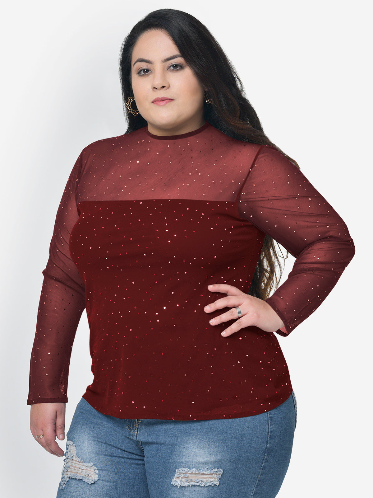Women Plus Size Maroon Glitter Sheer Top