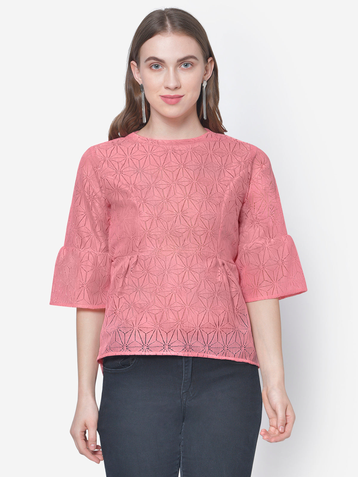 Women Pink Lace Peplum Top